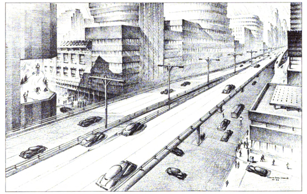 Eine Schwarz-Weiß-Zeichnung einer belebten Stadtstraße mit Autos, Gebäuden, Pfählen und Menschen, mit Text unten.