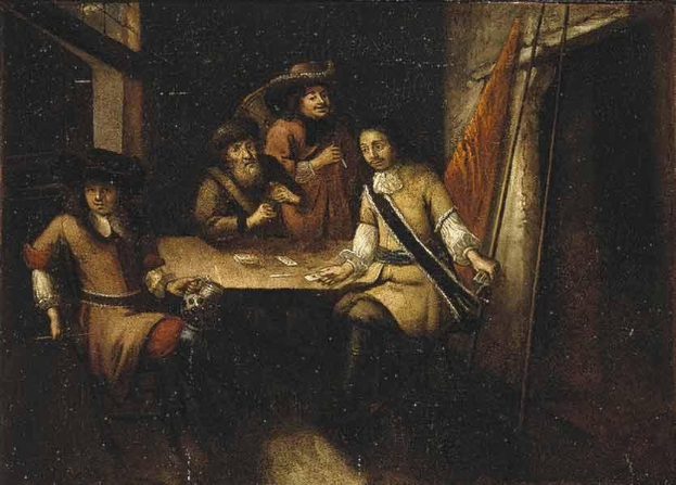 Gemälde mit dem Titel "Das Kartenspiel" von Rembrandt van Rijn, das eine Gruppe von Menschen zeigt, die um einen Tisch in einer Schenke Karten spielen, mit Karten und Gegenständen auf dem Tisch, einem Vorhang rechts und einem Fenster im Hintergrund.