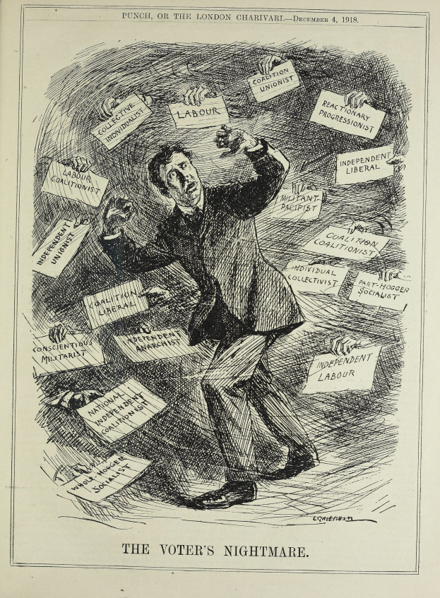 Ein Blatt mit einer Zeichnung eines Mannes im Anzug, der ein Schild mit der Aufschrift "Der Albtraum des Wählers" hält und einen entschlossenen Gesichtsausdruck hat.