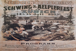 Ein Vintage-Plakat, das ein Festival in Zürich, Schweiz, bewirbt, zeigt eine Gruppe von Menschen, einige halten Stöcke, mit Bäumen im Hintergrund und Text, der Festival-Informationen enthält.