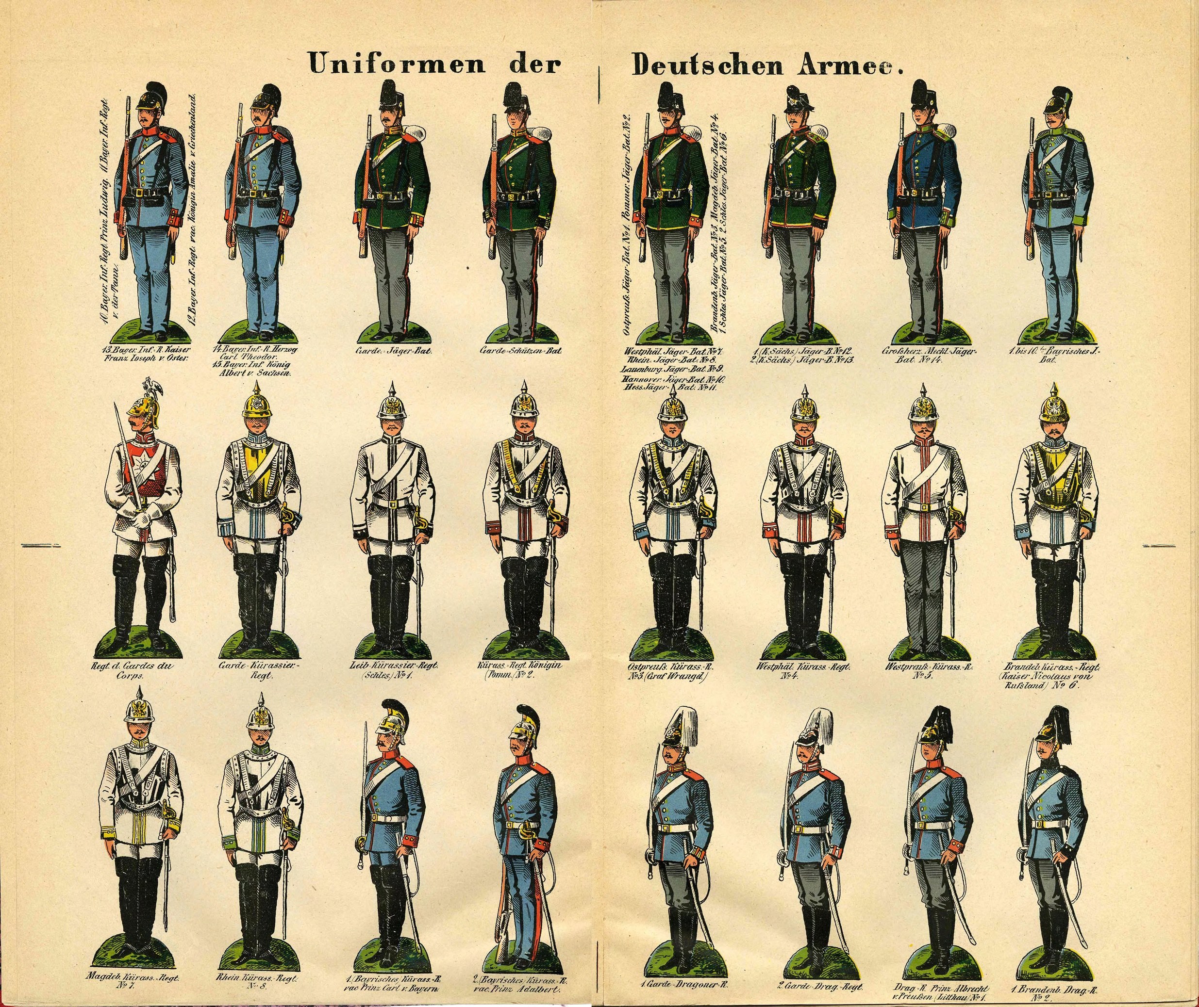 Ein Buch, das bunte Militäruniformen der deutschen Armee mit detaillierten Elementen wie Helmen, Gewehren und Waffen zeigt, begleitet von beschreibendem Text.