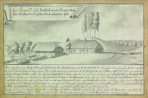 Ein altes Dokument mit einer Zeichnung eines Hofes in einem Feld, umgeben von Häusern, Bäumen und einem Himmel, beschriftet mit "Surgensburg, Deutschland - Landschaft eines Hofes".