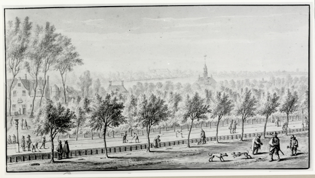 Schwarz-weiß-Zeichnung eines Parks mit Menschen, Hunden, Bäumen und Gebäuden im Hintergrund.