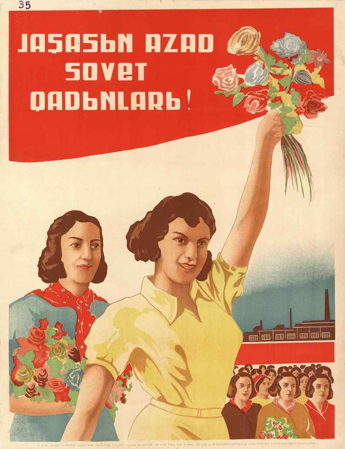 Sowjetisches Propagandaplakat zum Internationalen Frauentag, das eine Frau mit Blumen zeigt, umgeben von Menschen und einem Gebäude, mit der Aufschrift "Frauentag".