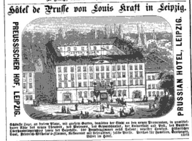 Schwarz-weiß-Anzeige für ein Leipziger Hotel, das sein Gebäude, umgebende Bäume und Gäste zeigt, mit beschreibendem Text.