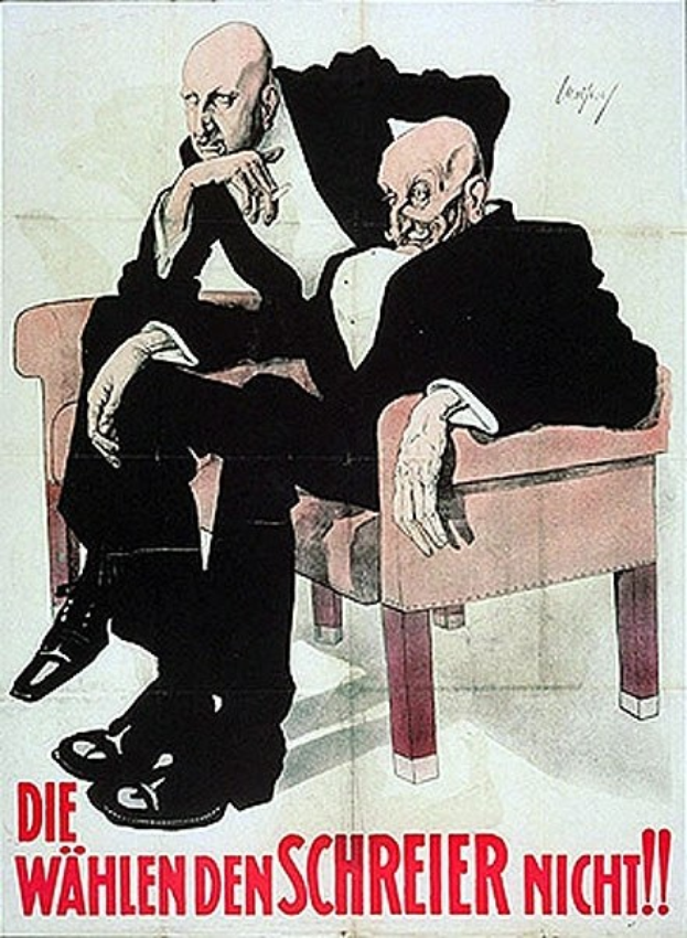 Deutsches Propagandaplakat der NSDAP mit zwei Männern auf einem Sofa und Text.