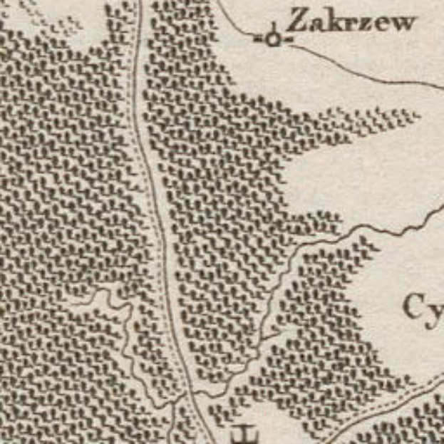 Ein detaillierter alter Stadtplan von Zakrzew, Polen, der Straßen, Gebäude, Sehenswürdigkeiten und Texte zur Bevölkerung, Geschichte und Kultur der Stadt zeigt.