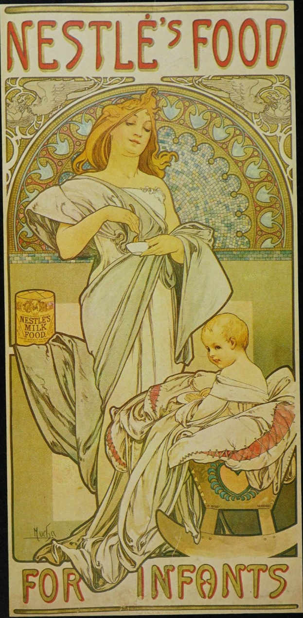 Frau mit einem Säugling, die ein Nestlé-Babyfuttermotivplakat im Hintergrund hält.