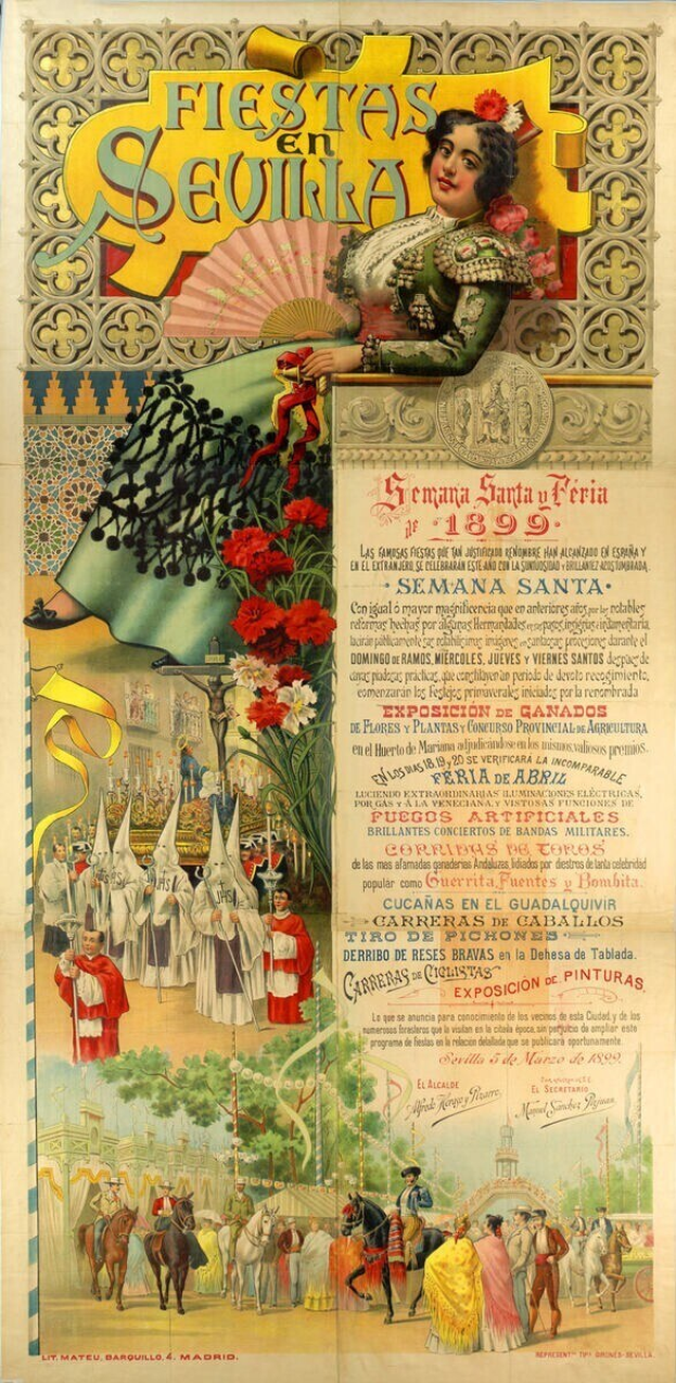 Buntes Vintage-Plakat für ein Fest in Sevilla, Spanien, mit einer Frau in traditioneller Kleidung, Menschenmenge, Pferden, Bäumen und Blumen sowie Text mit Veranstaltungdetails.