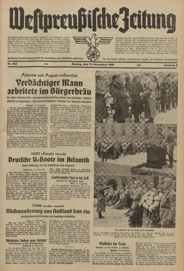 Schwarze und Wei├če Titelseite einer deutschen Zeitung vom 13. November 1939 mit der ├ťberschrift "Weitpreubliche Zeitung" und einer Gruppe von Menschen in traditioneller deutscher Kleidung beim Feiern.