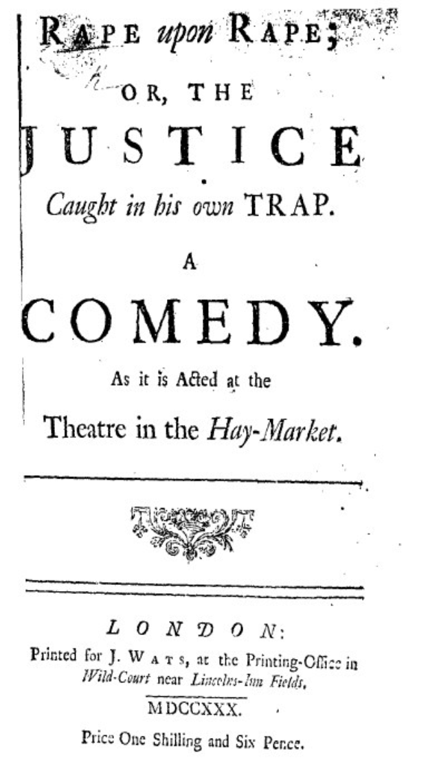 Schwarzes und weißes Plakat, das eine Comedy-Show mit dem Titel "Vergewaltigung auf Vergewaltigung oder die Gerechtigkeit in ihrer eigenen Falle" ankündigt.