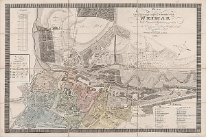 Detailierte alte Karte von Weimar, Deutschland, zeigt Straßen, Gebäude und Sehenswürdigkeiten mit zusätzlichem Text über Bevölkerung und bekannte Orte.