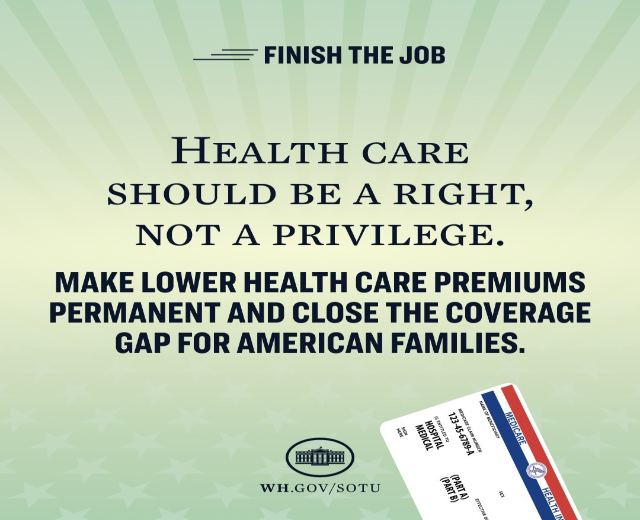 Plakat mit dem Text "Beenden wir den Job: Gesundheit soll ein Recht sein, nicht ein Privileg" und einer Karte mit der Aufschrift "Machen wir niedrigere Gesundheitskosten permanent und schließen die Lücke in der Deckung für amerikanische Familien."