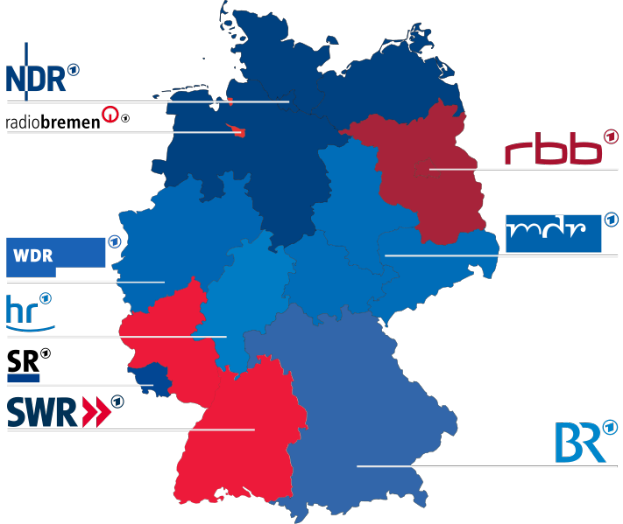 Eine Deutschlandkarte mit in rot und blau hervorgehobenen Bundesländern, die die Ergebnisse der Wahl von 2016 zeigen, mit Textangaben zu Kandidaten und Wahltermin.