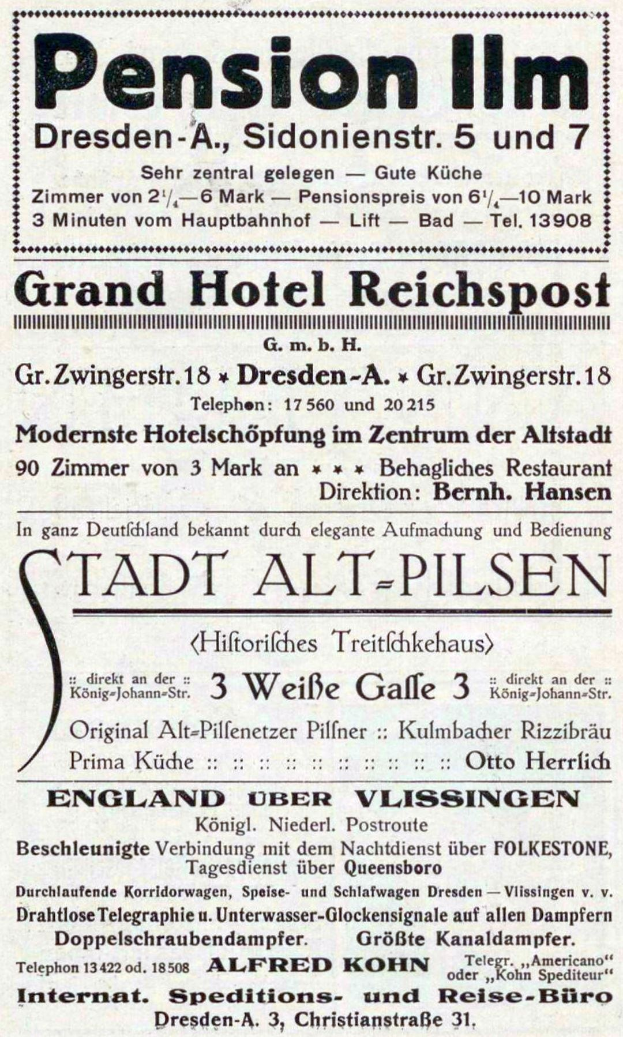 Schwarze und weiße Zeitungsanzeige für das Renten-Inn in Dresden, Deutschland, mit Text auf weißem Hintergrund.