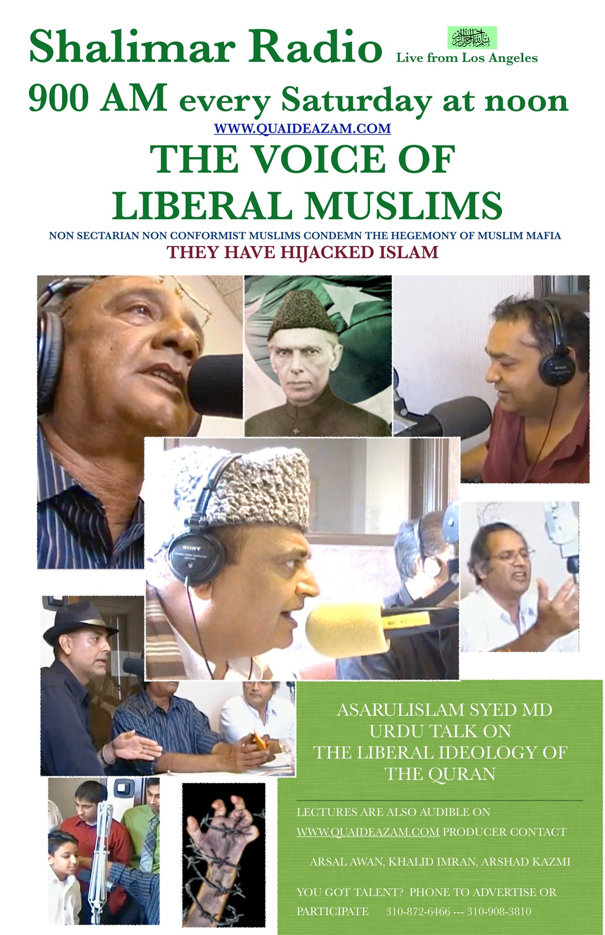 Plakat, das die 'Stimme der liberalen Muslime' bewirbt, zeigt Bilder von Menschen mit Kopfhörern und Mikrofonen in einem Gespräch.