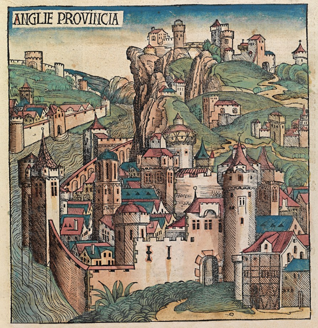 Gravur einer mittelalterlichen Stadt mit einer Burg auf einem Hüllen, umgeben von Gebäuden, Bäumen und einem Himmel, mit Text oben.