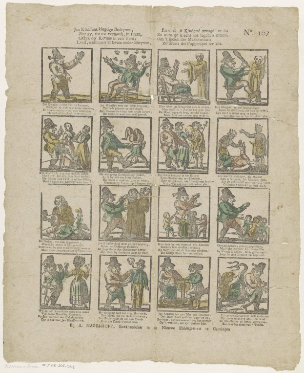 Ein Bild aus einem Buch mit einer Zeichnung eines verzweifelten Mannes mit Hut und einer Frau in einem Kleid inmitten einer heftigen Diskussion, umgeben von Text und zusätzlichen Bildern.