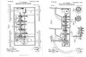 Ein detailliertes Maschinen-Zeichnung mit zahlreichen Zahnrädern, das als erstes Patent für ein Auto gilt, auf einem weißen Papier mit begleitendem Text.