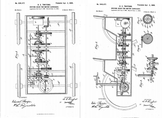 Ein detailliertes Maschinen-Zeichnung mit zahlreichen Zahnrädern, das als erstes Patent für ein Auto gilt, auf einem weißen Papier mit begleitendem Text.