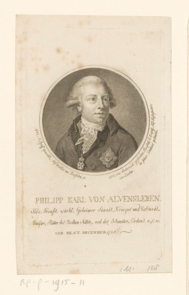 Porträt von Philipp Karl von Alvensleben, einem deutschen Politiker, der einen Anzug und eine Krawatte trägt und ernst schaut, mit dunklem Haar und vor der Brust verschränkten Händen, der zur Seite schaut mit Text auf dem Bild.