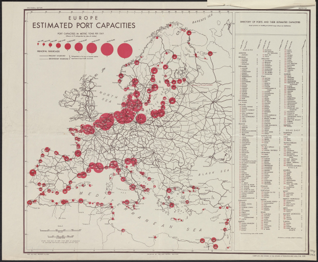 Eine Europa-Karte mit roten Punkten, die die geschätzten Hafenkapazitäten anzeigen, in einem klassischen Photo-Frame.