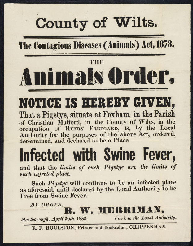 Ein Plakat mit der Aufschrift "Der Landkreis Wiltshire, das Gesetz über ansteckende Tierkrankheiten von 1878: Hiermit wird bekanntgegeben, dass Tiere mit Schweinefieber infiziert sind."