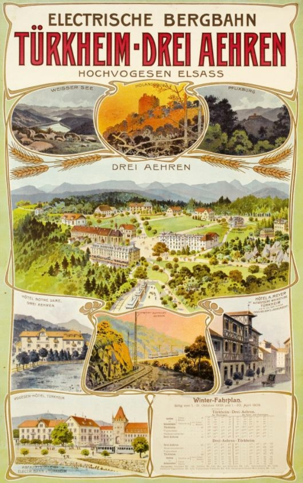Plakat wirbt für Bergbahn, Deutschland als elektrischen Stadt, zeigt Gebäude, Bäume, Hügel und beschreibenden Text.