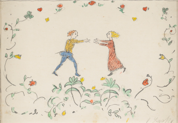 Eine Zeichnung eines Mannes in einem blauen Hemd und Jeans, der mit einer Frau in einem orangen Kleid in einem blühenden Feld voller Blumen und grüner Pflanzen tanzt.