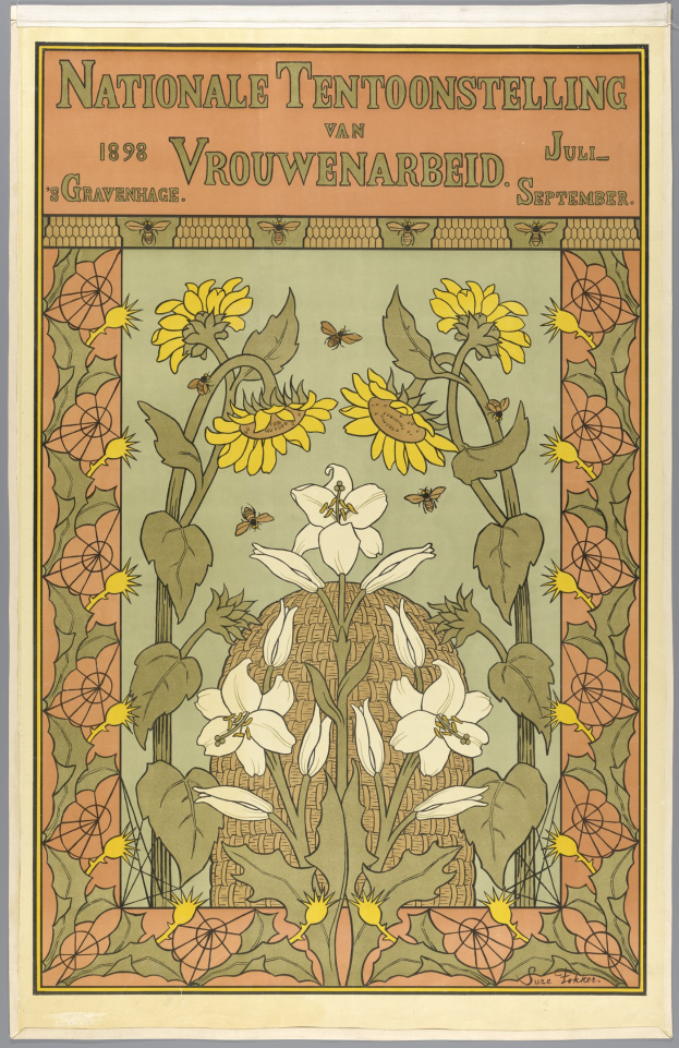 Ein Plakat für die Nationale Tentoonstelling in Vrouwenarbeid in den Niederlanden, das eine symmetrische Anordnung von leuchtend gelben, pinken und violetten Blumen und Blättern mit schwarzer Schrift zeigt.