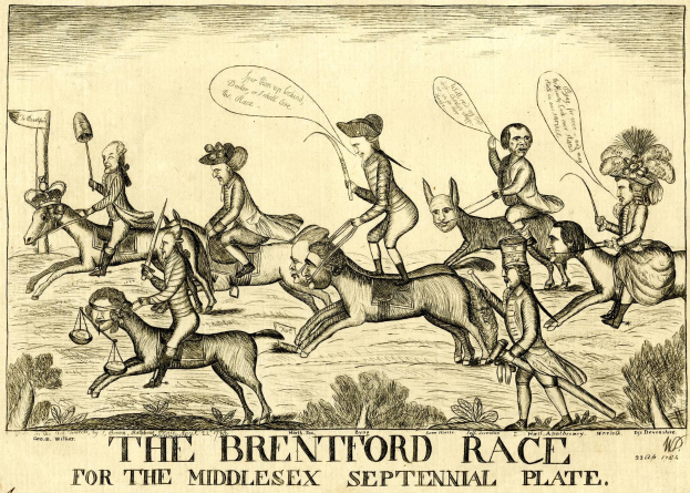 Plakat, das ein Pferderennen mit Reitern in historischer Kleidung zeigt, Pflanzen im Hintergrund und Text unten.