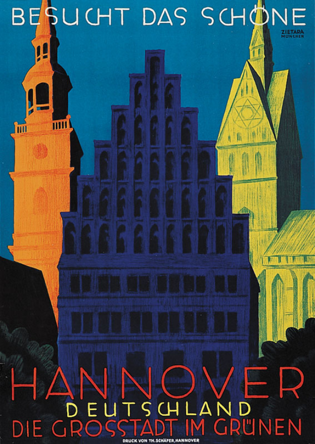 Ein Plakat, das Hannover, Deutschland, bewirbt und ein paar Gebäude, Bäume und Text enthält, der Informationen über die Stadt bereitstellt.