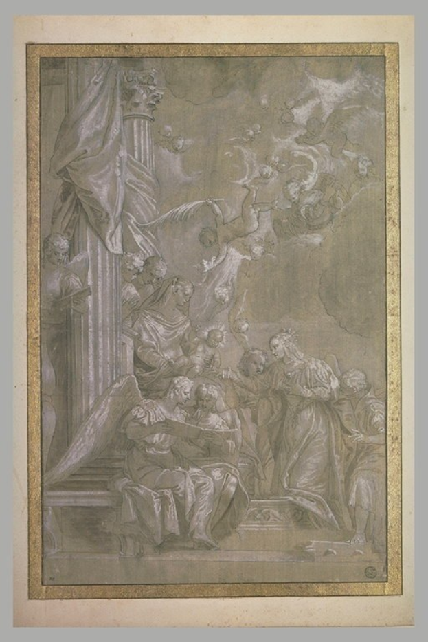 Eine Zeichnung von Menschen in einem Raum, die Verzweiflung zeigen, wobei einige ängstlich nach oben und andere traurig nach unten schauen, und ein Foto auf dem Wand.