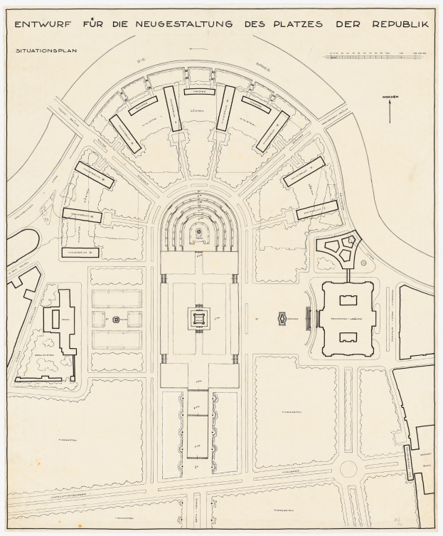 Plan von Berlin, Deutschland, mit einer zentralen Gebäudeillustration und detailliertem Text, der das Stadtlayout und die umliegende Gegend beschreibt.