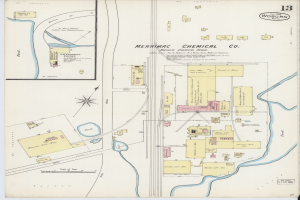 Ein gerahmtes, altes Stadtplan von Merrimac, Michigan, das die Lage einer chemischen Firma hervorhebt.