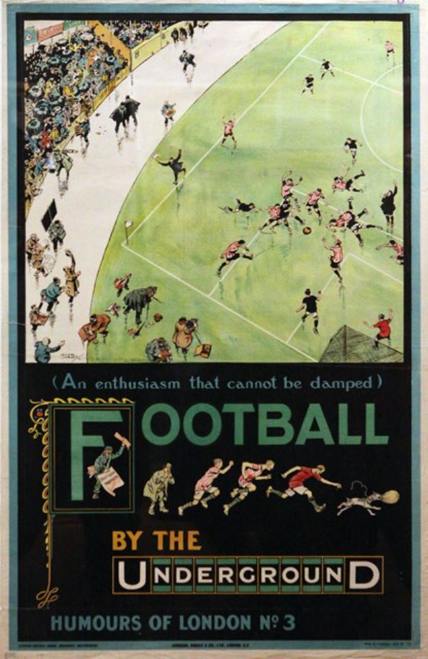 Plakat, das ein Fuballspiel mit dem Titel 'Fuball unter der Erde - Humor von London Nr. 3' ankndigt, zeigt Zuschauer in einem Stadion.