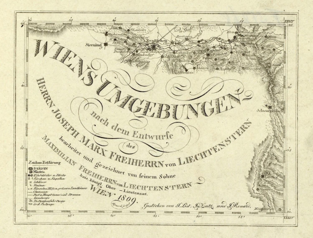 Alte detaillierte Karte von Wien, Deutschland, zeigt geografische Merkmale, Städte, Orte und Textanmerkungen zur Bevölkerung, Straßen und Sehenswürdigkeiten.