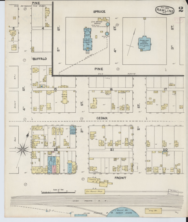 Alte Karte von San Francisco, Kalifornien, die das Rawlins-Schulbezirk in der Mitte hervorhebt, auf Papier gedruckt mit Text zur Beschreibung des Schulbezirks.