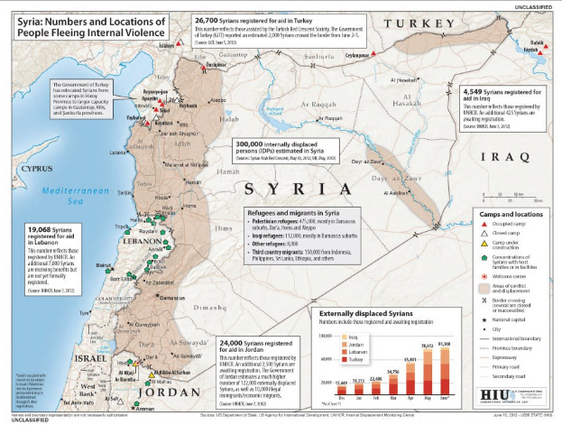 Ein Plakat mit einer Karte von Syrien und Daten zu Binnenflüchtlingen aufgrund von Gewalt, begleitet von Text und Grafiken.