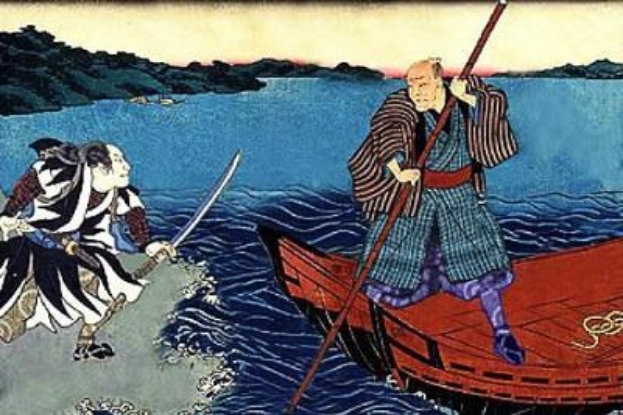 Zwei Männer in einem Boot auf dem Wasser, einer hält einen Stock, mit Hügeln und Himmel im Hintergrund, betitelt 'Die Rückkehr des Samurai' von Utagawa Kunisada Toyokuni III/Kuniyoshi Toyokubi III.