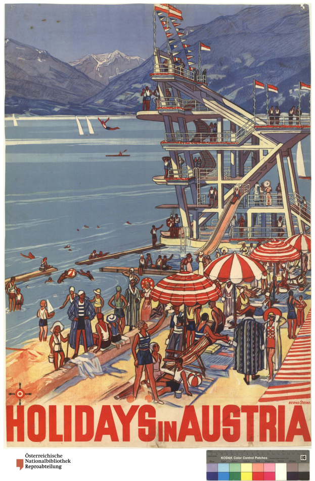 Plakat, das Urlaube in Österreich anpreist, mit Menschen am Strand mit Schirmen, einem Schiff im Hintergrund, winkenden Flaggen, entfernten Bergen und Text.