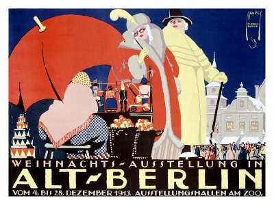 Plakat, das eine Weihnachtsausstellung in Alt-Berlin ankündigt, mit einer farbenfrohen Illustration von Menschen, Gebäuden und Gegenständen und dem Text "Weihnachtsausstellung in Alt-Berlin" oben drauf.