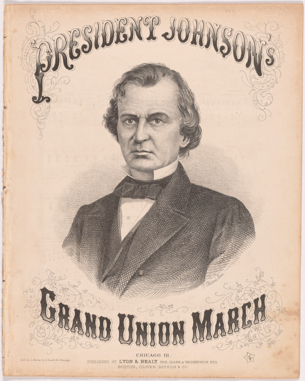 Ein Plakat mit einem zentralen Porträt von Präsident Johnson, auf dem wahrscheinlich Details zum Grand Union March Ereignis angegeben sind.