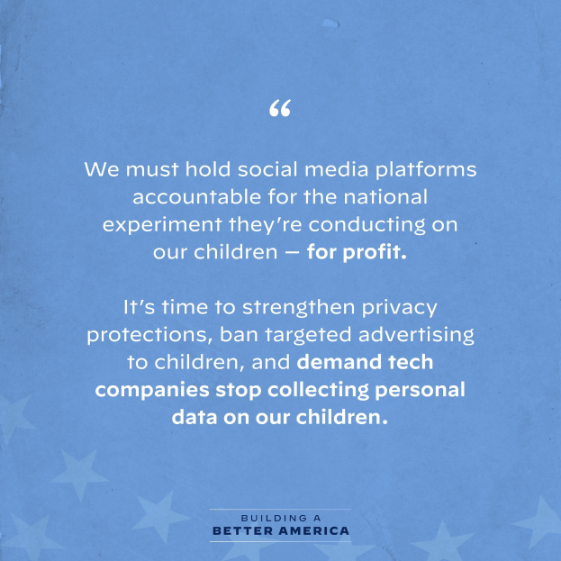Plakat mit einem Zitat aus Building a Better America, das besagt, dass soziale Medien-Plattformen für die Experimente an Kindern zur Gewinnerzielung zur Rechenschaft gezogen werden sollten, dekoriert mit Sternen.