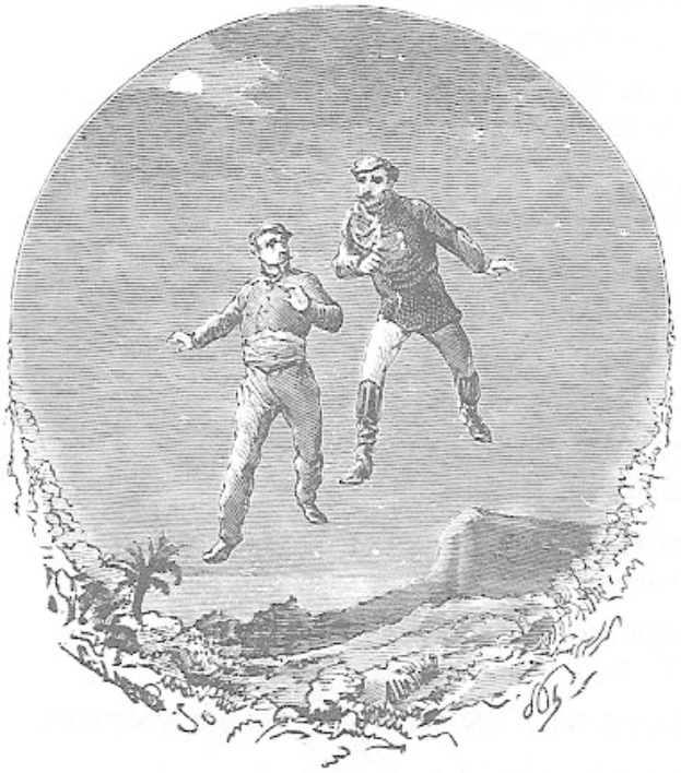 Zwei Männer in Vintage-Fußballtrikots, die in die Luft springen und die Arme ausstrecken, umgeben von Pflanzen und einem Himmel-Hintergrund, mit Text unten, der 'Die American-Football-Spieler des 19. Jahrhunderts' lautet.