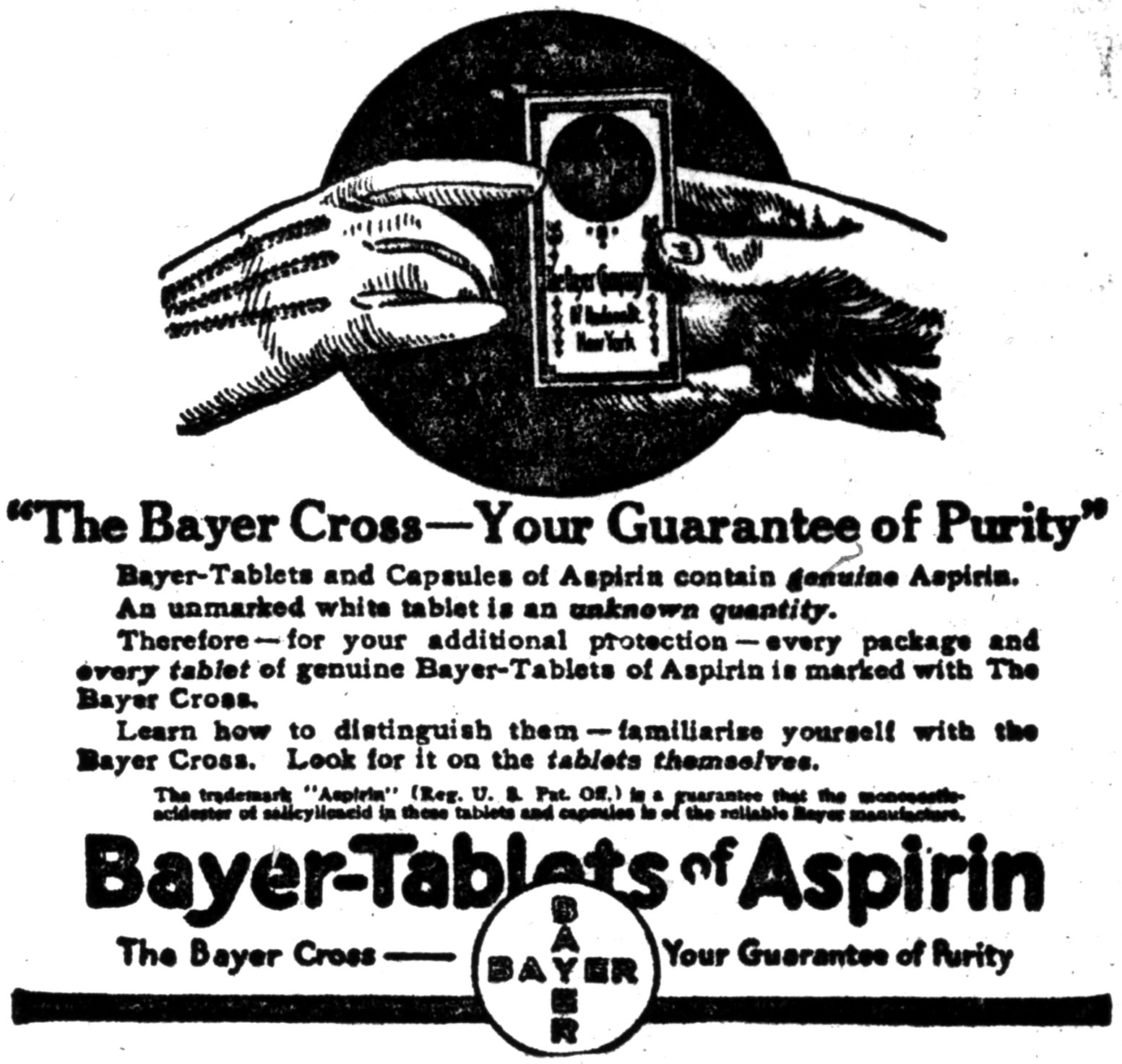 Schwarzes und weißes Plakat mit einer Hand, die eine Bayer-Tablette Aspirin hält, und dem Text "Das Bayer-Kreuz - Ihre Garantie für Reinheit" darunter.