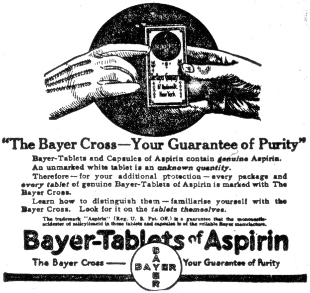 Schwarzes und weißes Plakat mit einer Hand, die eine Bayer-Tablette Aspirin hält, und dem Text "Das Bayer-Kreuz - Ihre Garantie für Reinheit" darunter.
