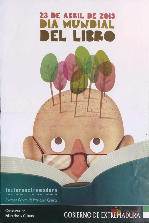 Ein Plakat zum 23. Internationalen Tag der Bibliothek, das eine Karikatur eines Menschen zeigt, der ein Buch liest, aus dem Bäume wachsen, und Text, der die Ereignisinformationen bereitstellt.