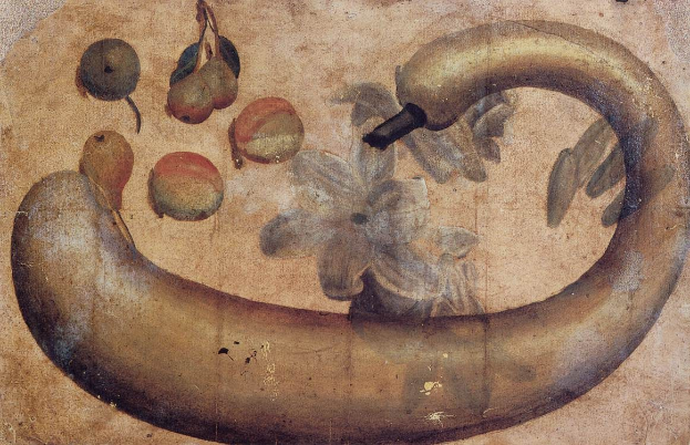 Ein leuchtendes Bild auf Papier mit einer Banane mit einer Blume darauf, umgeben von verschiedenen Frußchten und Blättern.
