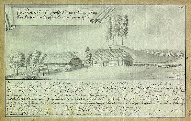 Ein verblichenes Dokument mit der Überschrift "Surgensburg, Deutschland - Landschaft eines Hofes" zeigt eine Hofillustration umgeben von Häusern, Bäumen und Himmel.